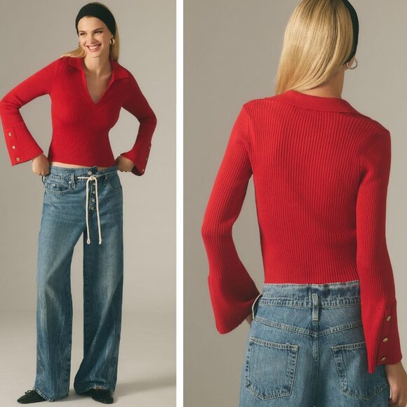 Maeve by Anthropologie Red Bell Sleeve Polo Sweater - 22561 - Picture 1 of 11